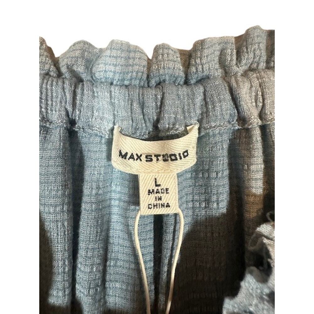 Max Studio Light Blue Short Sleeve Scrunched Wide Neck Blouse Women Sz L - Picture 6 of 9